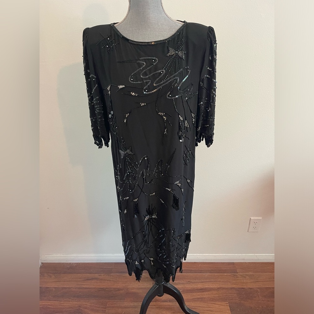 VTG Argenti Beaded 100% Silk Black Midi Dress